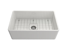 Load image into Gallery viewer, BOCCHI 1138-001-0120 Classico Apron Front Fireclay 30 in. Single Bowl Kitchen Sink with Protective Bottom Grid and Strainer in White
