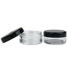 Load image into Gallery viewer, 50 New empty 5 Gram (0.17 oz) Acrylic Round Jars - BPA Free Plastic Containers for Cosmetic, Lotion, Cream, Makeup, Bead, Eye shadow, Rhinestone, Samples, Pot, 5g/5ml (Black Lid 50 Jars)
