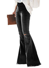 Load image into Gallery viewer, Sidefeel Women Destoryed Flare Jeans Elastic Waist Bell Bottom Tassel Denim Pants Medium Black
