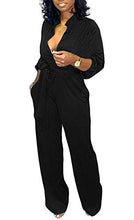 Load image into Gallery viewer, Aro Lora Women's Deep V Neck Long Sleeve Button Down One Piece Wide Leg Jumpsuit Romper Small Blue
