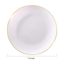 Load image into Gallery viewer, NERVURE 100Pieces White with Gold Rim Plastic Plates- 7.5inch Disposable Gold Salad/Dessert Plates-Ideal for Weddings&amp; Parties
