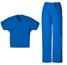 Load image into Gallery viewer, Cherokee Workwear Men's Dental/Medical Uniform Scrub Set - 4777 V-Neck Scrub Top &amp; 4000 Drawstring Cargo Pants (Royal - Medium/Medium)
