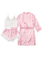Load image into Gallery viewer, SheIn Women's Sheer Lace Bralette and Striped Shorts Pajama Lingerie Set with Robe Pink Large
