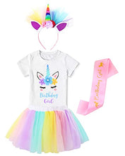 Load image into Gallery viewer, Girls Layered Tutu Skirt with Unicorn Tshirt, Headband &amp; Satin Sash (Pink Purple Blue, 7-8 Years)
