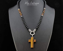 Load image into Gallery viewer, Mens Onyx Necklace,Mens Necklace,Tiger Eye Necklace,Cross Necklace,Mens Gemstone Necklace,316L Stainless Steel,Mens Beaded Necklace,Gift Box
