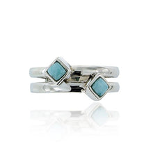 Load image into Gallery viewer, Chuvora 925 Oxidized Sterling Silver Blue Square Larimar Double Bar Band Minimalist Gemstone Ring Size 7
