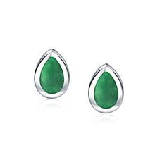 Load image into Gallery viewer, Simple Semi Precious Gemstone Teardrop Pear Shaped Green Agate Simulated Jade Bezel Set Stud Earrings For Women 925 Sterling Silver

