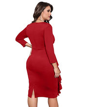 Load image into Gallery viewer, Women's Ruffle Bodycon Work Dress V Neck Ruched Business Office Cocktail Party Tight Sheath Dresses Red L
