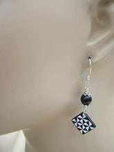 Load image into Gallery viewer, Pinwheel Quilt Block Earrings, Sterling Silver, Black Obsidian Quilters Jewelry, Limited Edition Polymer Clay HST
