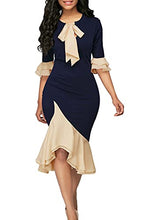Load image into Gallery viewer, YACUN Women Half Sleeve Bow Tie Neck Work Dress Knee Length Bodycon Dresses Cocktail Darkblue S
