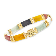 Load image into Gallery viewer, Ross-Simons Multicolored Jade "Good Fortune" Bracelet in 18kt Gold Over Sterling. 7.5 inches

