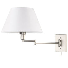 Load image into Gallery viewer, Kira Home Cambridge 13" Swing Arm Wall Lamp - Plug in/Wall Mount + White Fabric Shade, 150W 3-Way + Cord Covers, Satin Nickel Finish
