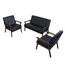 Load image into Gallery viewer, JIASTING Mid Century 1 Loveseat Sofa and 2 Accent Chairs Set Modern Wood Arm Couch and Chair Living Room Furniture Sets (8428 Black Set)
