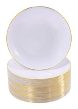 Load image into Gallery viewer, NERVURE 100Pieces White with Gold Rim Plastic Plates- 7.5inch Disposable Gold Salad/Dessert Plates-Ideal for Weddings&amp; Parties
