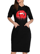 Load image into Gallery viewer, MAGICMK Women Long Sleeve Print Lips Slim Fitted Knee Length Sweatshirt With Pocket Casual Pullover Hoodie Dress (HBLACK+PURPLE, S)
