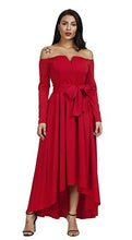 Load image into Gallery viewer, Women Off Shoulder Dress - Elegant Long Sleeve Formal Party High Low Maxi Dress with Belt Red XL
