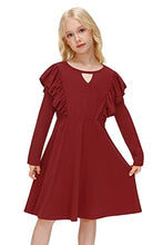 Load image into Gallery viewer, IIMMER Kid Girls Christmas Casual Burgundy Ruffle Long Sleeves Keyhole Neckline Autumn Maroon Flare Swing Dress with Pockets 7-8 Years
