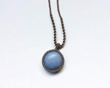 Load image into Gallery viewer, Celestite necklace, Macrame necklace with blue stone, Round Celestite stone, Celestite pendant, Macrame art, Light blue, Spiritual, Unisex
