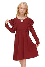 Load image into Gallery viewer, IIMMER Kid Girls Christmas Casual Burgundy Ruffle Long Sleeves Keyhole Neckline Autumn Maroon Flare Swing Dress with Pockets 7-8 Years
