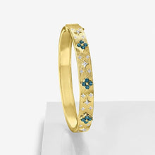 Load image into Gallery viewer, Ross-Simons 0.80 ct. t.w. London Blue Topaz Floral Bangle Bracelet With .10 ct. t.w. Diamonds in 18kt Gold Over Sterling. 8 inches

