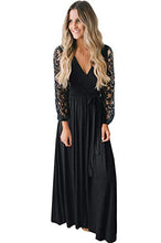 Load image into Gallery viewer, Women Fall Casual Faux Wrap V Neck Vintage Floral Lace Long Sleeve Maxi Dress Black S
