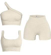 Load image into Gallery viewer, OQQ Women's 3 Piece Outfits Ribbed Seamless Exercise Scoop Neck Sports Bra One Shoulder Tops High Waist Shorts Active Set Beige
