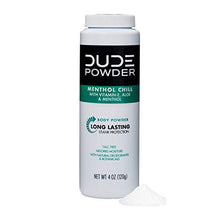 Load image into Gallery viewer, Dude Products Body Powder, Menthol Chill 4 Ounce Bottle Natural Deodorizers Cooling Menthol &amp; Aloe, Talc Free Formula, Corn-Starch Based Daily Post-Shower Deodorizing Powder for Men, Cooling Menthol
