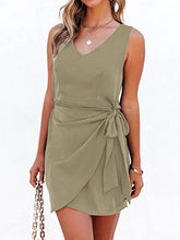 Load image into Gallery viewer, MIROL Women's Sleeveless Silk Mini Dress Tie Waist Casual V Neck Satin Beach Dress Solid Ruched Bodycon Tank Dress Khaki
