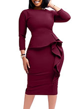 Load image into Gallery viewer, Mizoci Women's Sexy Long Sleeve Elegant Bodycon Ruffle Formal Midi Cocktail Party Dress, Small, Wine Red
