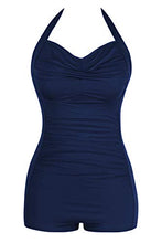 Load image into Gallery viewer, Sovoyontee Women's One Piece Tummy Control Swimwear Boyleg Ruched Swimsuit Navy Blue S
