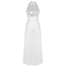Load image into Gallery viewer, Freebily Women's Halter Sequins Lyrical Dress Contemporary Ballet Dance Costume Leotard Flowy Split Skirt White Large
