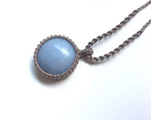 Load image into Gallery viewer, Celestite necklace, Macrame necklace with blue stone, Round Celestite stone, Celestite pendant, Macrame art, Light blue, Spiritual, Unisex
