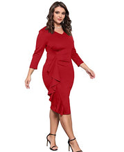 Load image into Gallery viewer, Women's Ruffle Bodycon Work Dress V Neck Ruched Business Office Cocktail Party Tight Sheath Dresses Red L
