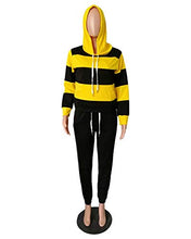 Load image into Gallery viewer, Women's Two Piece Outfits Stripes Sweatsuit Tracksuit Kangaroo Pocket Hoodies Sweatshirt Drawstring Pants Yellow Black L
