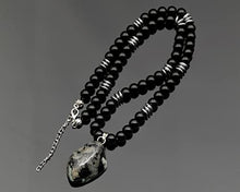 Load image into Gallery viewer, ElisaJewelryArt - Natural Emerald Crystal Pendant Black Onyx Stone Beaded Necklace Genuine Gemstone Unconditional Love Stone Clasp Closure Necklace Unisex Necklace (22.00, Dark Emerald)
