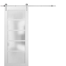 Load image into Gallery viewer, Sliding Barn Door 36 x 84 with Stainless Steel 6.6ft Hardware | Quadro 4002 White Silk with Frosted Opaque Glass | Top Mount Rail Hangers Sturdy Silver Set | Lite Wooden Solid Panel Interior Doors
