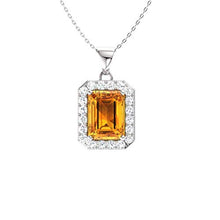 Load image into Gallery viewer, Diamondere Natural and Certified Emerald Cut Citrine and Diamond Halo Necklace in 14k White Gold | 1.68 Carat Pendant with Chain

