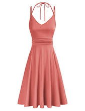 Load image into Gallery viewer, Women's Summer Sleeveless V Neck Dress Ruched Waist Aline Halter Green Dress L
