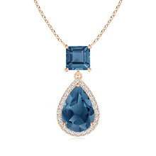 Load image into Gallery viewer, November Birthstone - Square and Pear London Blue Topaz Pendant Necklace with Diamond Halo in 14K Rose Gold (10x7mm London Blue Topaz)
