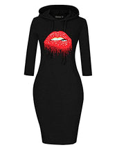 Load image into Gallery viewer, MAGICMK Women Long Sleeve Print Lips Slim Fitted Knee Length Sweatshirt With Pocket Casual Pullover Hoodie Dress (HBLACK+PURPLE, S)

