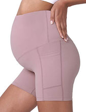 Load image into Gallery viewer, POSHDIVAH Women's Maternity Yoga Shorts Over The Belly Bump Summer Workout Running Active Short Pants with Pockets Pink 5" X-Large
