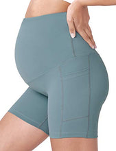 Load image into Gallery viewer, POSHDIVAH Women's Maternity Yoga Shorts Over The Belly Bump Summer Workout Running Active Short Pants with Pockets Light Green 5" X-Small
