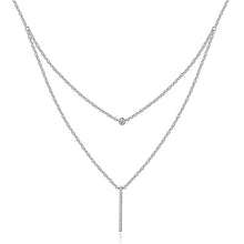 Load image into Gallery viewer, White Gold Plated Linear Bar Double Strand Necklace for Women, Tiny Round Cubic Zirconia &amp; Bar Pendant Chain Necklace
