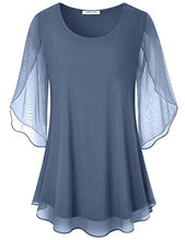 Load image into Gallery viewer, SeSe Code Chiffon Tops for Women Work Casual Summer Ruffle Sleeve Top Sheer Blouses Crew Neck Shirts for Women Dressy Tops for Evening Wear Blue Grey 2XL
