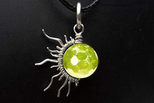 Load image into Gallery viewer, Faceted Peridot 1/2 Sun Wire Pendant- Black Niobium/Silver/Steel/Copper/Bronze/14K Gold, or 14K Rose Gold- Pendant or Bracelet Charm - August Birthstone Green Gemstone Jewelry - Sun Moon Necklace
