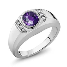 Load image into Gallery viewer, Gem Stone King 1.06 Ct Oval Checkerboard Purple Amethyst White Created Sapphire 925 Sterling Silver Men's Ring (Size 9)

