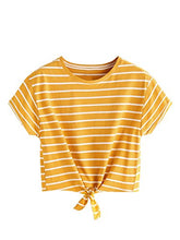 Load image into Gallery viewer, ROMWE Women's Knot Front Long Sleeve Striped Crop Top Tee T-shirt, Yellow &amp; White, Small / US 0-2
