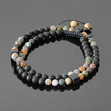 Load image into Gallery viewer, Beaded Necklace for Men Natural Stone Handmade Jewelry Black Volcanic Lava Indian Agate Picture Jasper Essential Oil Diffuser Necklace 25.5 inches
