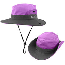 Load image into Gallery viewer, Kids UV Sun Hat with Ponytail Hole UPF 50 Bucket Cap for Girls Summer Beach ＆ Fishing (S:2-5T(Head circumferences 19"-20.6"), Purple)
