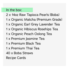 Load image into Gallery viewer, Ultimate Locca Premium Boba Tea Kit | 56+ Drinks | DIY Bubble Tea Kit | Party Size Tea Kit, 7 Flavors, Loose Leaf Teas, Earl Grey Lavender, Peach Oolong, Hibiscus Rosehips, Ultimate Grade Matcha, Premium Loose Leaf Teas, Jasmine, Black and Thai Tea, 40 St
